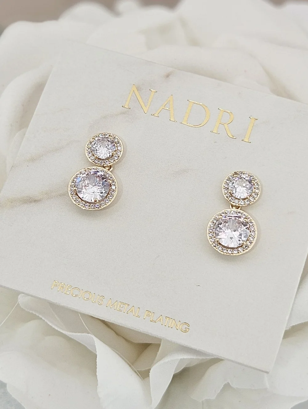 Nadri Halo Cubic Zirconia Drop Earrings Gold Precious Metal Plated Bridal Gift